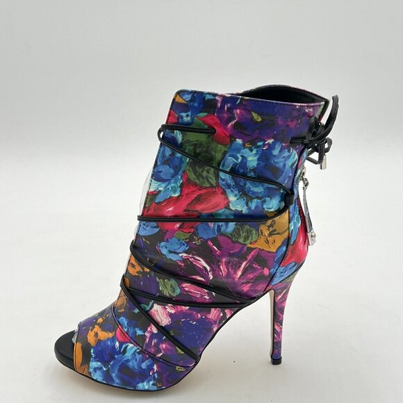 YDN Blue Floral Peep Toe Platform Stiletto Heels Lace Up Cutout Ankle Booties - Picture 2 of 8